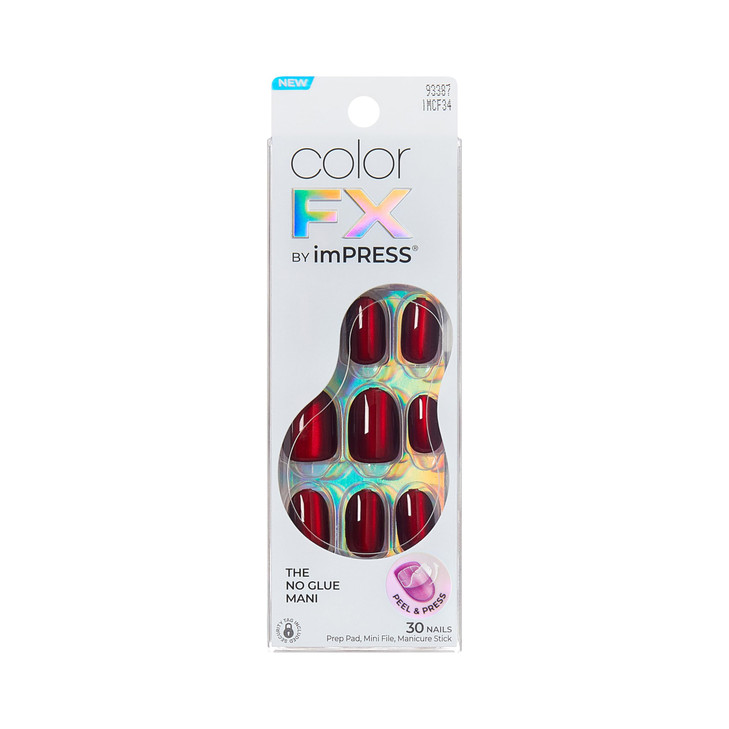 Kiss Impress No Glue Mani Press On Nails, ColorFX, 'Hidden Gem', Red, Short Size, Oval Shape, Includes 30 Nails, Prep Pad, Instructions Sheet, 1 Mani