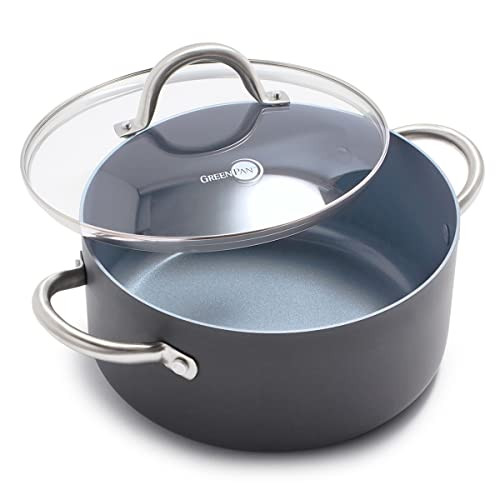 GreenPan Lima 5.2QT Nonstick Stock Pot with Glass Lid, Nontoxic PFAS-Free Ceramic Casserole, Hard Anodized Cookware, Oven & Broiler Safe, Stainless S