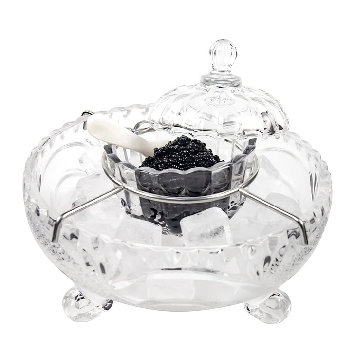 DUEBEL Caviar Serving Set, 1 Glass Divided Serving Bowl Set Plus 2 pcs. x Mother of Pearl Caviar Spoon Caviar Dish Serving Set, Shrimp Chiller for K