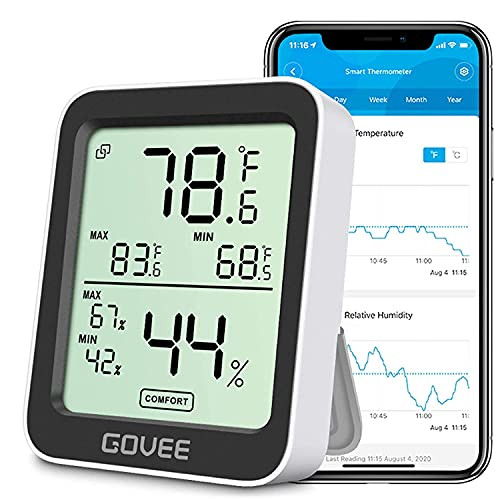 Govee Digital Hygrometer Indoor Thermometer Room H5075, Bluetooth Temperature Humidity Meter with 164ft Remote App Control, Notification Alerts, 2 Ye