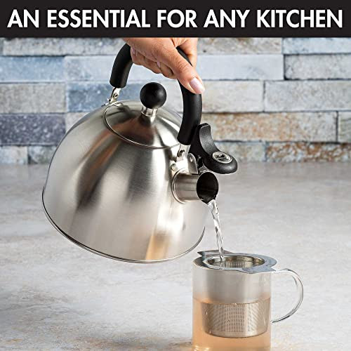 Primula Stewart Whistling Stovetop Tea Kettle Food Grade Stainless Steel, Hot Water Fast to Boil, Cool Touch Folding, 1.5-Quart, Brushed with Black H