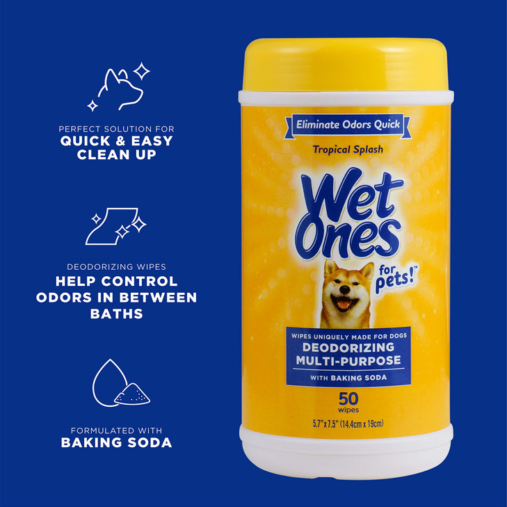Wet Ones for Pets Deodorizing Dog Wipes with Baking Soda, Tropical Splash Scent - Multipurpose Deodorizing Pet Grooming Wipes in Resealable Canister,