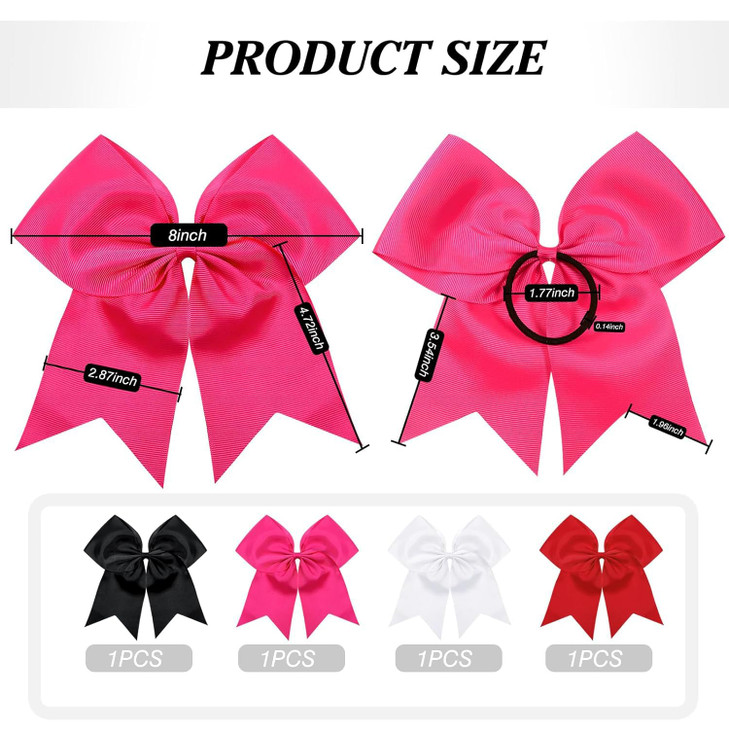 TUUXI 4pcs Large Cheering Hair Bows 8 Inch Cheerleading Bows with Elastic Hair Ties Bands Ponytail Holder for Cheerleaders Softball Football Competit