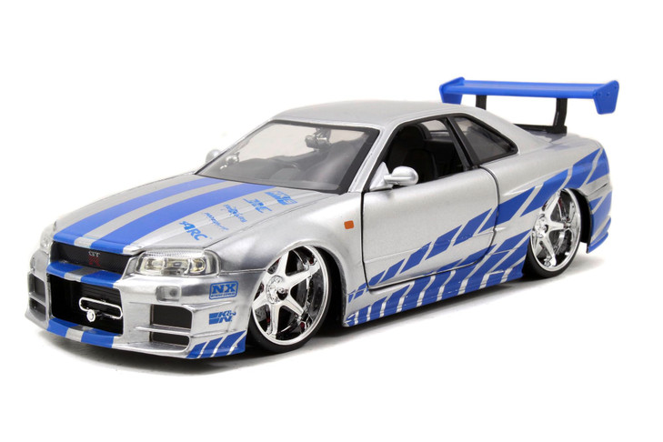 Jada Toys Fast & Furious Brians 2002 Nissan Skyline R34 Die-cast Car, 1:24 Scale, Silver & Blue