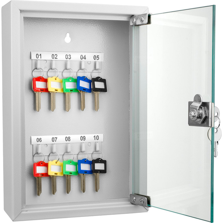 Barska 10 Key Lock Box with Glass Door  Wall Mount Key Cabinet with Labeled Shelves, Colored Key Tags, Solid Steel Construction, Gray  Secure Key O