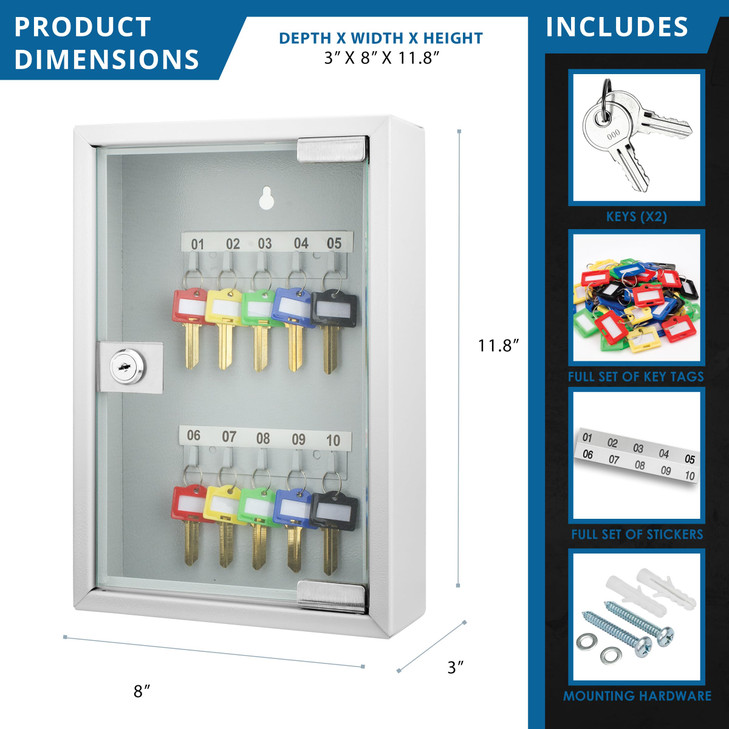Barska 10 Key Lock Box with Glass Door  Wall Mount Key Cabinet with Labeled Shelves, Colored Key Tags, Solid Steel Construction, Gray  Secure Key O