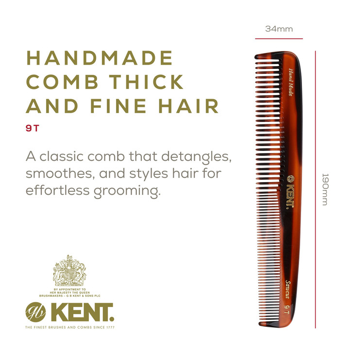 Kent 9T Tortoise Fine and Wide Tooth Detangler Hair Comb - Large Handmade and Saw-Cut Dressing Comb -for Wet and Dry, Hair Comb for Women and Durable