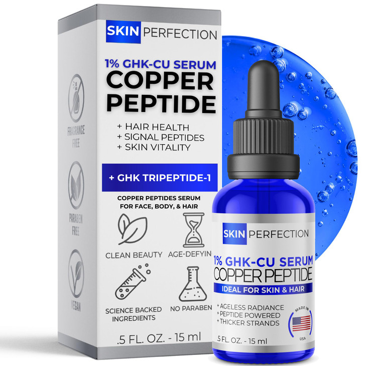 Skin Perfection GHK-CU Copper Peptides Serum for Face & Hair - Copper Peptide for Skin, Hair & Scalp - 1% Blue Liquid for Face, Neck, Body, and Scalp