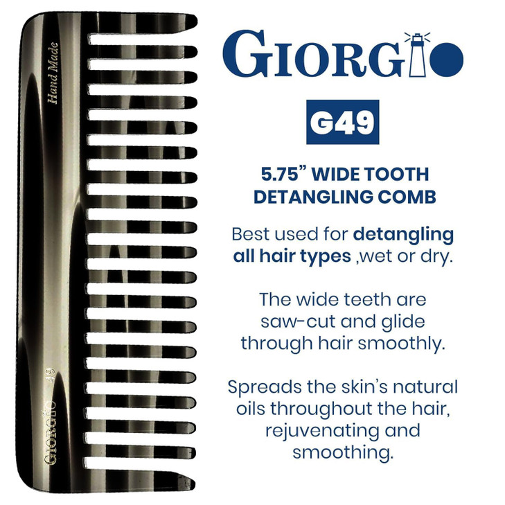 Giorgio G49 Graphite Large 5.75 Inch Hair Detangling Comb, Wide Teeth for Thick Curly Wavy Hair. Long Hairs Detangler Comb For Wet and Dry. Handmade