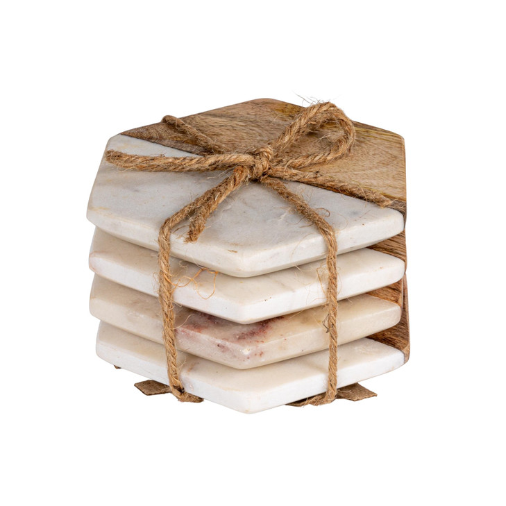Creative Co-op Marble & Mango Wood Hexagon Coasters (Set of 4 Pieces)