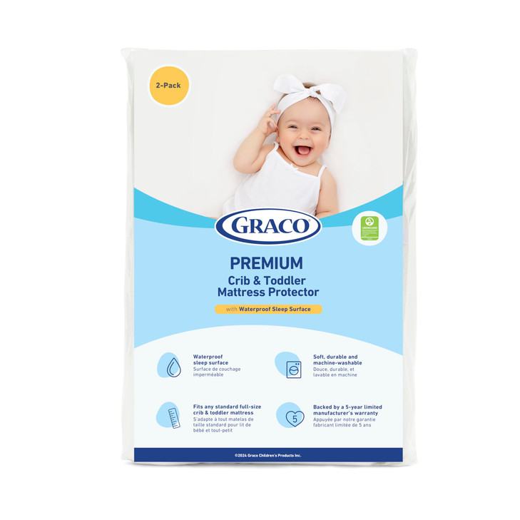 Graco Premium Waterproof Crib and Toddler Mattress Protector (2 Pack)  GREENGUARD Gold Certified, Machine-Washable & Dryer-Friendly, Waterproof Slee