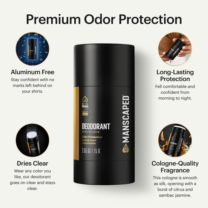 MANSCAPED® UltraPremium Deodorant, Aluminum-Free Clear Formula, Soft and Comfortable with Cologne-Quality Fragrance for Under Arm Odor Protection, 2.