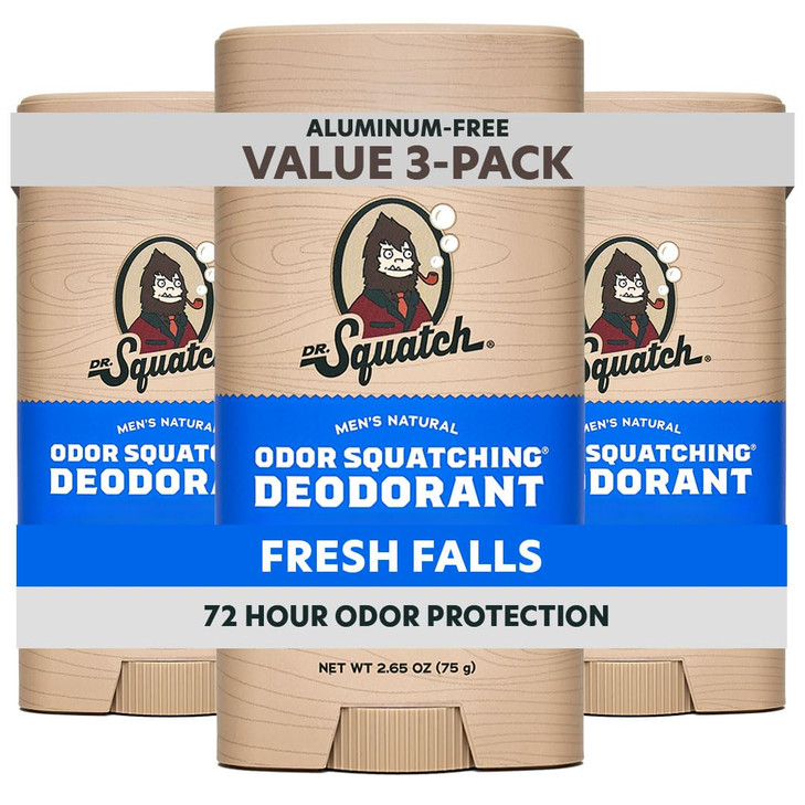 Dr. Squatch Natural Mens Deodorant  Aluminum Free Natural Deodorant Men with Charcoal & Postbiotics for 72-Hour Odor Protection  Fresh Falls, 2.65