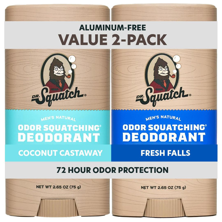 Dr. Squatch Natural Mens Deodorant  Aluminum Free Natural Deodorant Men with Charcoal & Postbiotics for 72-Hour Odor Protection  Coconut Castaway