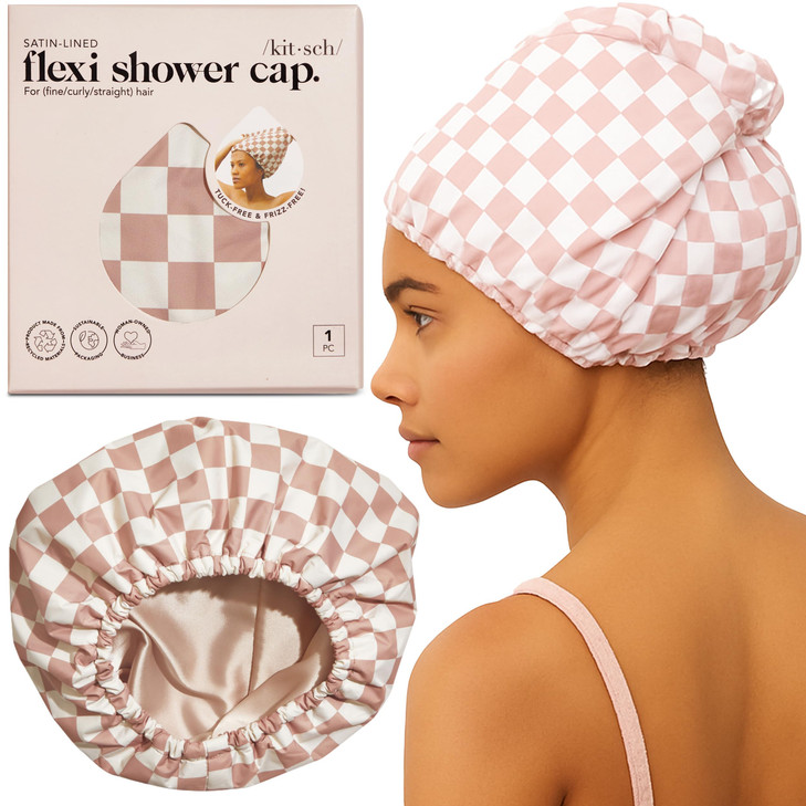 Kitsch Luxury Satin-Lined Flexi Shower Caps for Women Reusable Waterproof - Large Wide Shower Cap for Women & Men, Adjustable, Stylish Hair Cap for S