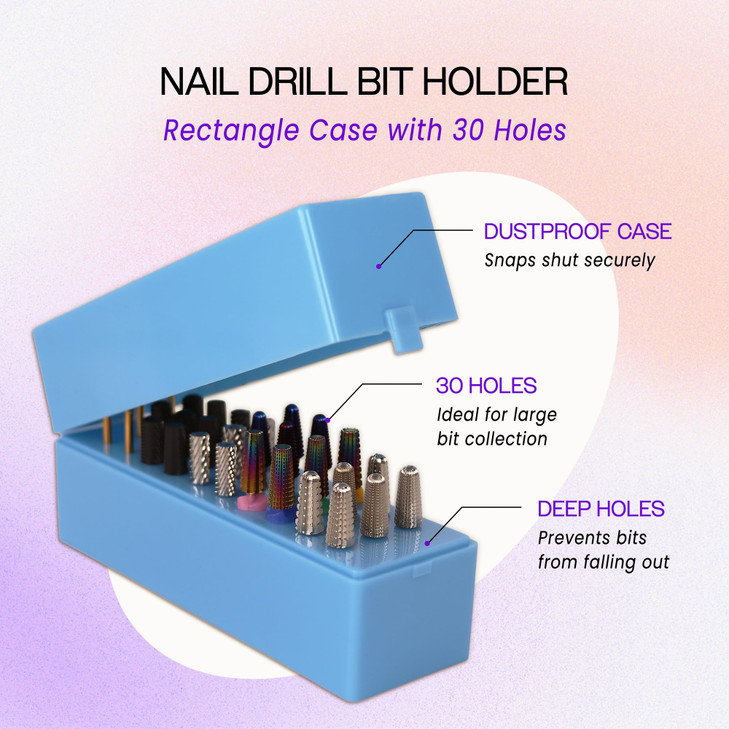 PANA Nail Drill Bit Holder Stand Display Organizer- Dust Proof Storage Container Box Case Tools for Home Use or Nail Salon - (30 Holes, Blue) (Drill