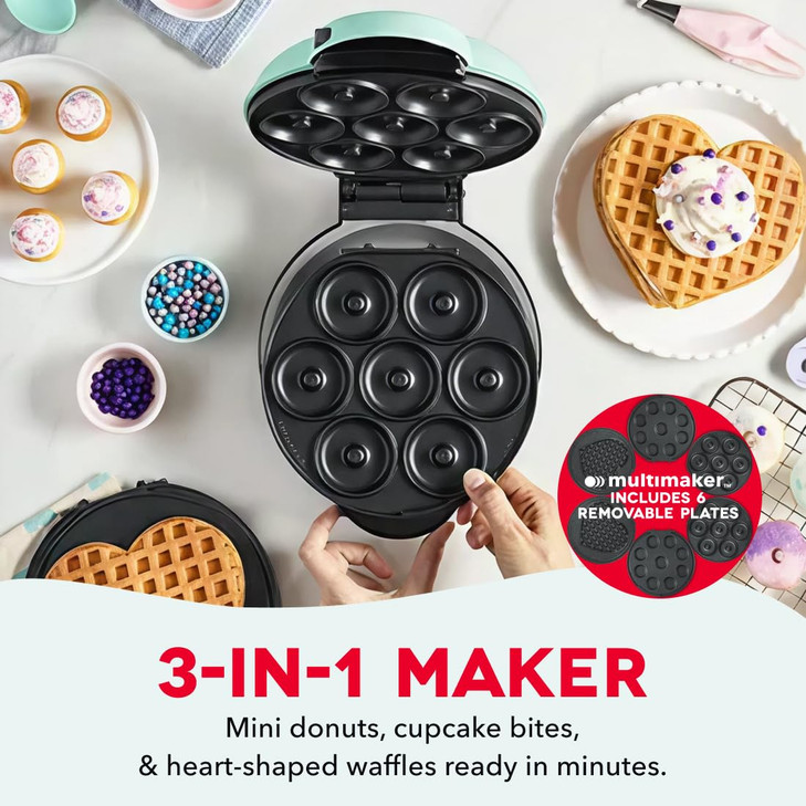 Dash MultiMaker® Treat Maker System - Make Mini Donuts, Cupcakes & Heart-Shaped Waffles - Interchangeable Plate Design - dishwasher safe Parts for Ea