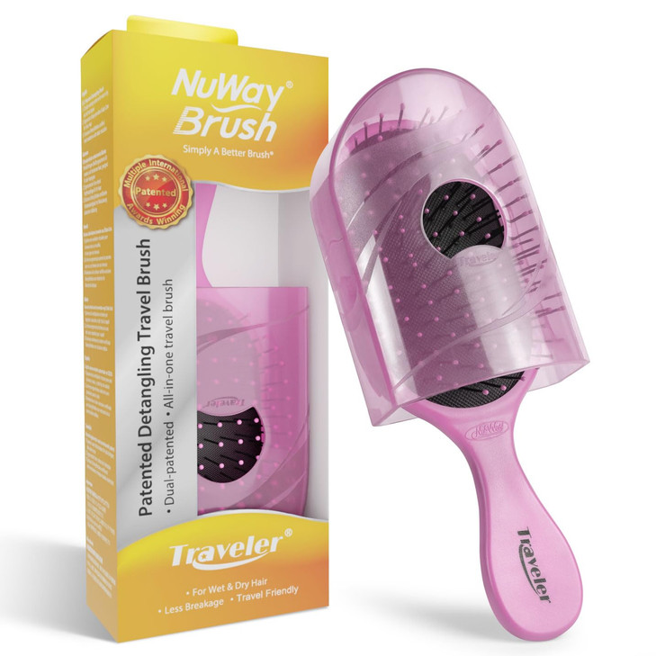 NuWay® Traveler® Patented Compact Hair Brush for Purse, Gym & Daily Carry - Gentle Detangling Brush for Wet or Dry Hair, Everyday Scalp Comfort (Peta