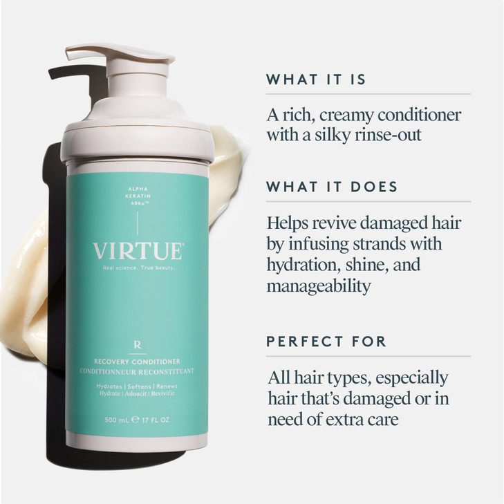 VIRTUE Recovery Conditioner with Keratin Hydrates, Softens, and Renews Damaged Hair, Sulfate Free, Color Safe
