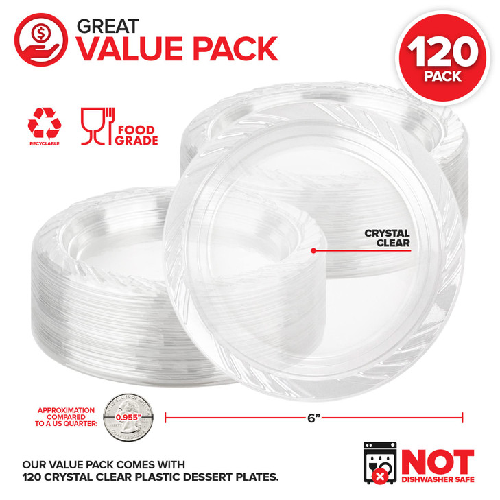Stock Your Home 6-Inch Clear Plastic Dessert Plates (120 Pack) Flexible Disposable Clear Plates for Dessert & Appetizers, Crystal Clear Small Plates
