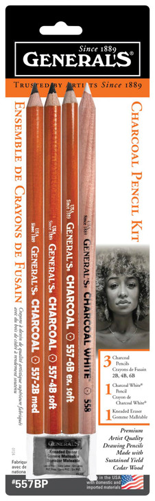 GENERAL'S Charcoal Drawing Set, White/Black, Set of 4 Pencils and 1 Eraser - 321742