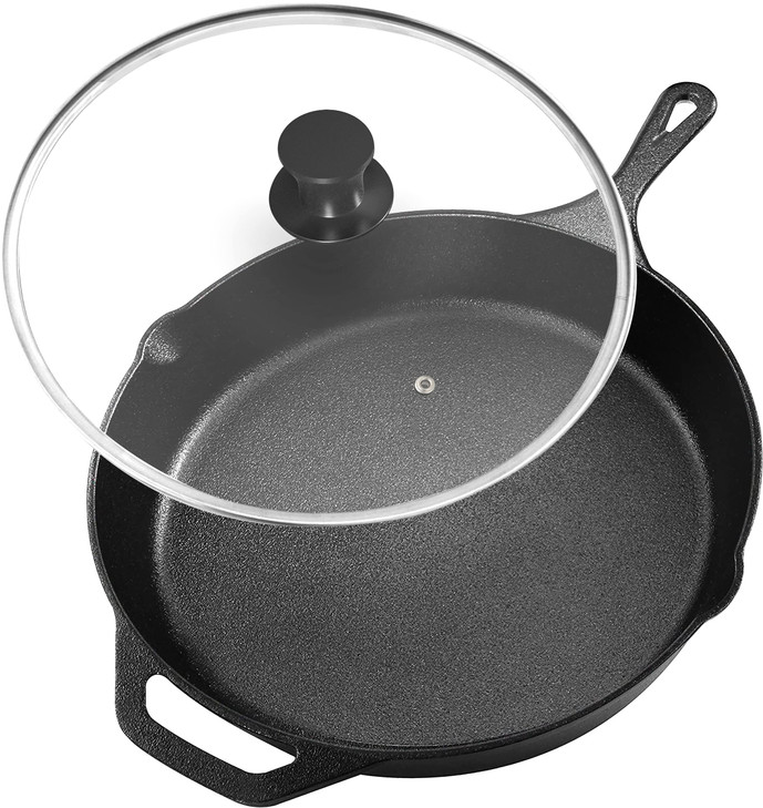 Utopia Kitchen Saute Fry Pan Pre-Seasoned Cast Iron Skillet With Lid, Frying Pan, Cast Iron Pan, Safe Grill Cookware for Indoor & Outdoor Use (1, Bla