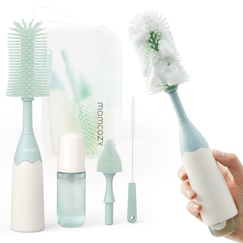 Momcozy Bottle Brush Kit with Push-Press Foam Design - Newborn Essentials Gift, Portable Cleaning Tool for Home & Travel, Baby Bottle Cleaner Brush f