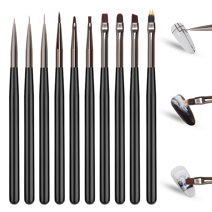 WOKOTO 10 Pcs Ombre Brush Nail Art Brushes Nail Ombre Brush Kit With 4 Nail Sponges Tips Nail Gradient Brushes 7 Size Double Sides Nail Liner Brushes