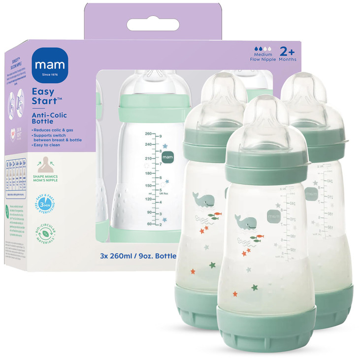 MAM 9oz Easy Start Anti-Colic Baby Bottles, Medium Flow, Breastfeeding-Like Silicone Nipple, Reduces Colic, Gas, & Reflux, Easy-to-Clean, BPA-Free, B