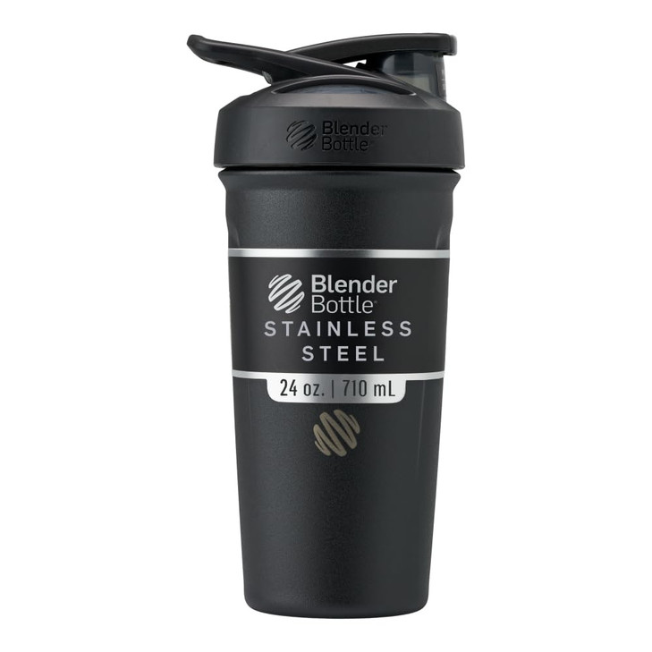 BlenderBottle Strada Shaker Cup Insulated Stainless Steel Water Bottle with Wire Whisk, 24-Ounce, Black