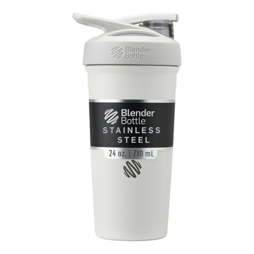 BlenderBottle Strada Shaker Cup Insulated Stainless Steel Water Bottle with Wire Whisk, 24-Ounce, White