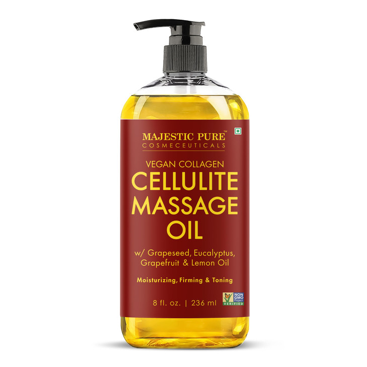 Majestic Pure Cellulite Massage Oil for Massage Therapy- Refreshing and Relaxing- Natural Oils with Grapeseed, Eucalyptus, Grapefruit & Lemon Oil- Al