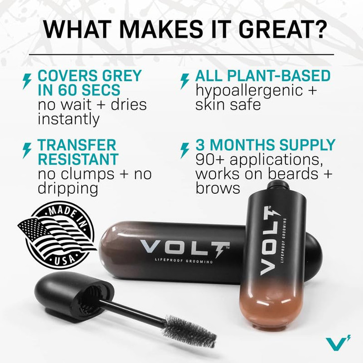 VOLT Grooming Temporary Instant Beard Color for Men Quick-Dry Plant-Based Brush On Beard, Hair, Mustache & Brow Color, For Sensitive Skin, Bark Dark