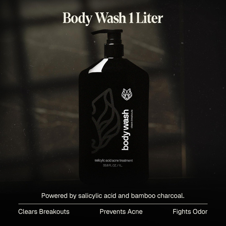 Black Wolf Salicylic Acid Body Wash for Men, 1 Liter - Men's Acne Body Wash - Charcoal Helps Reduce Acne Breakouts & Cleanse Your Skin - Full Coverag