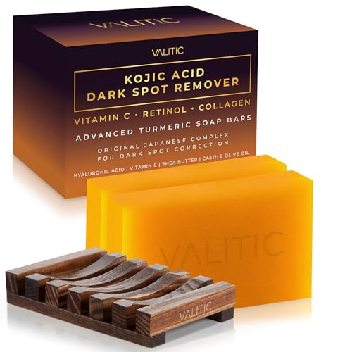 VALITIC Kojic Acid Dark Spot Remover Soap Bars with Vitamin C, Retinol, Collagen, Turmeric - Original Japanese Complex - Hyaluronic Acid, Vitamin E,