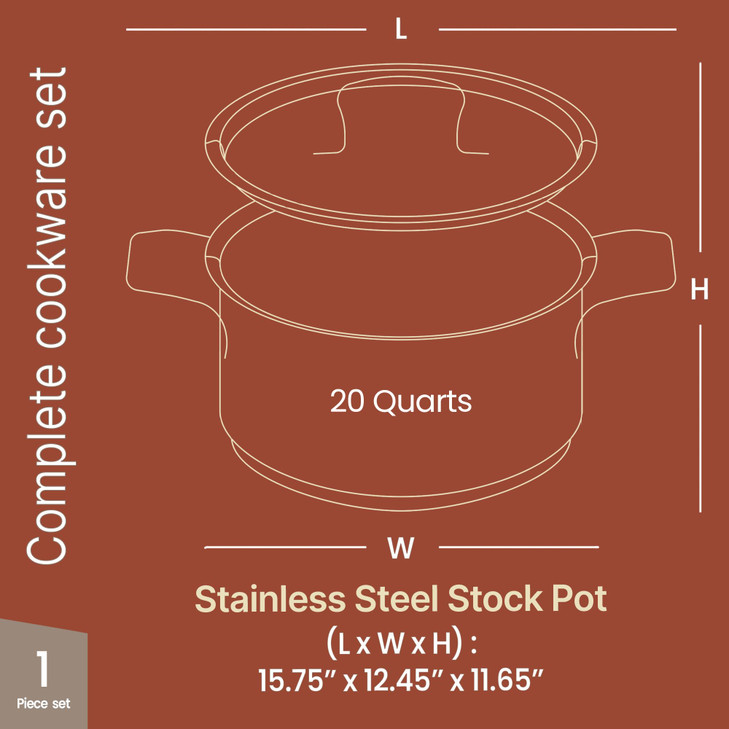 Stainless Steel Stockpot with Lid 20 Quart, Durable 18/8 Stainless Steel, Impact-Bonded Base for Even Heating, Riveted Handles, Oven & All Stove Comp