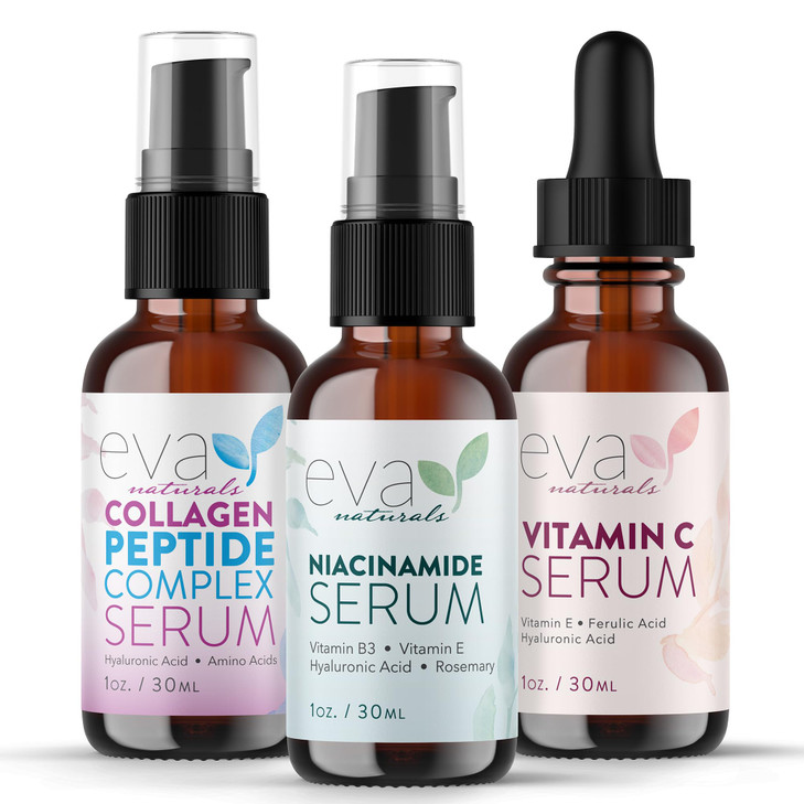 Eva Naturals Firm & Glow Serum Bundle  Vitamin C, Peptide & Niacinamide Serums  Anti-Aging Face Serum Set for Wrinkles, Glow, Pores, Hydration  Co