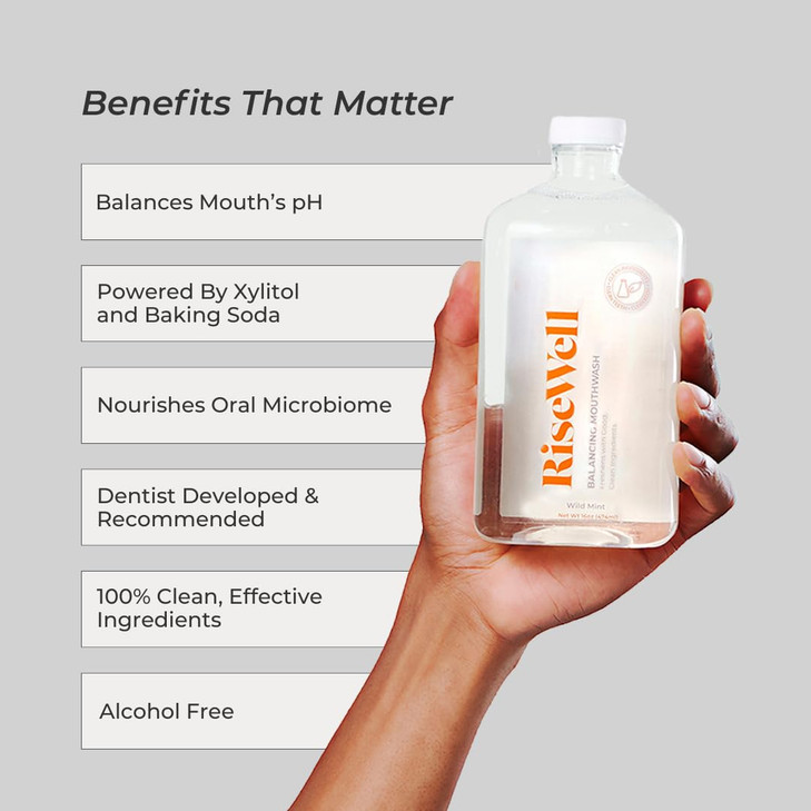 RiseWell Balancing Mouthwash - pH Balancing Alkaline Alcohol Free Mouthwash - Dentist Developed Dry Mouth Rinse and Breath Freshener - Natural, SLS-F
