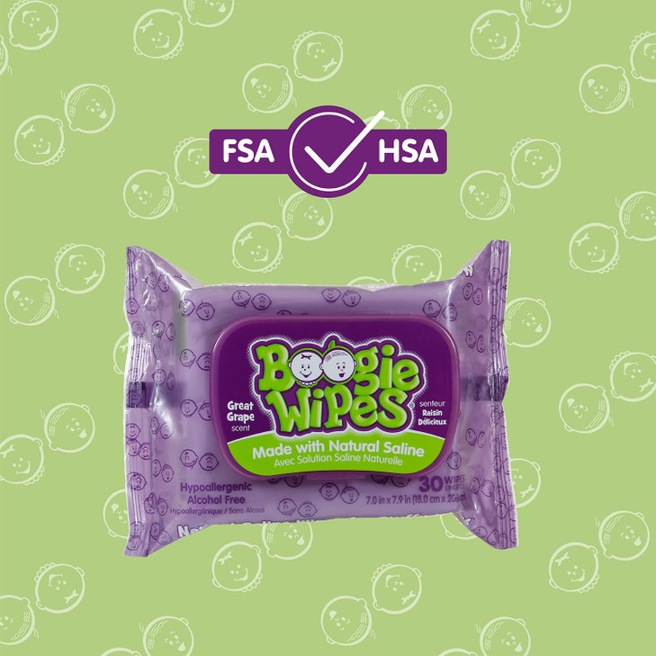 Saline Nose Wipes by Boogie, for Baby & Kids, Face, Hand & Body, FSA/HSA Eligible, Made with Vitamin E, Aloe, and Natural Saline, Grape Scent, 30 Cou