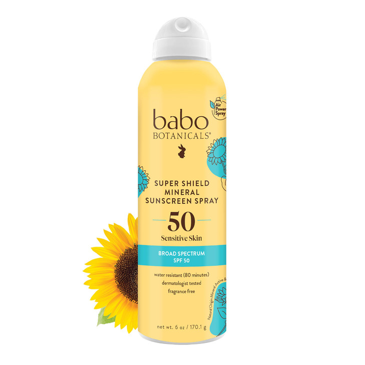Babo Botanicals Super Shield Mineral Sunscreen Spray SPF 50 - Natural Zinc Oxide & Titanium Dioxide - Extra Sensitive Skin - Water Resistant - Vegan