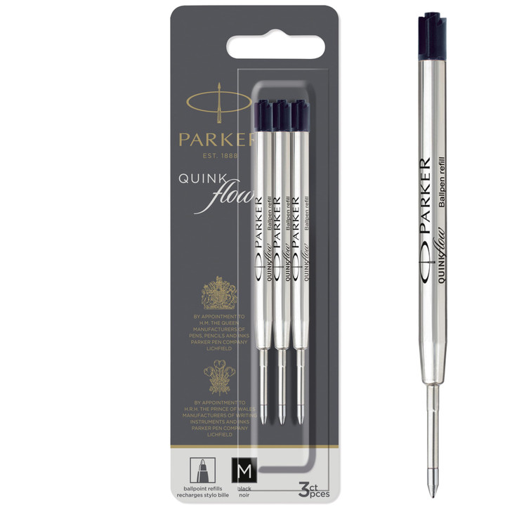 Parker QUINKflow Ballpoint Pen Ink Refills, Medium Tip, Black, 3 Count - For Everyday Writing