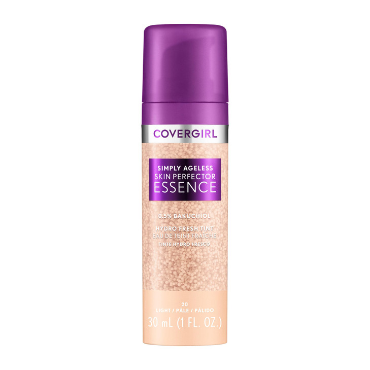 Covergirl Simply Ageless Skin Perfector Essence Foundation, 20 Light, Tinted Skincare Makeup Hybrid, Sheer Tint, Radiant Finish, Glowy Finish, Vegan