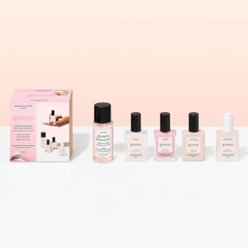 Manucurist System Green Pink (Hortencia) - Professional Manicure Set, Vegan & Plant-Based : 1 Nail Prep, 1 Base Coat, 1 Pink Nail Polish, 1 Top Coat,