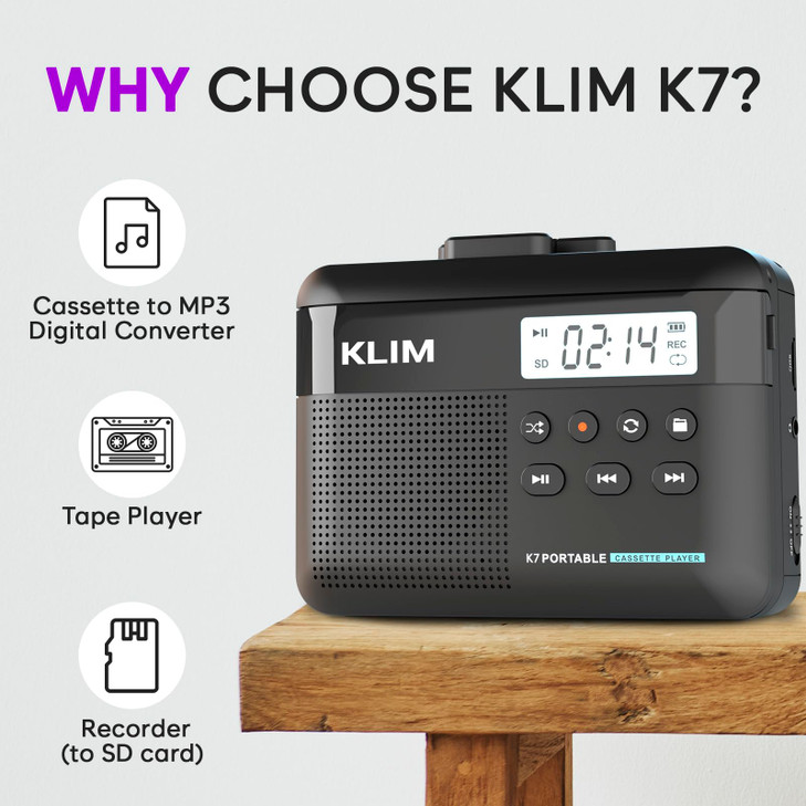 KLIM K7 Cassette Tape Player + Cassette to MP3 Converter + Portable Cassette Player + Walkman Cassette Player + Built-in Microphone & Speaker + Recha