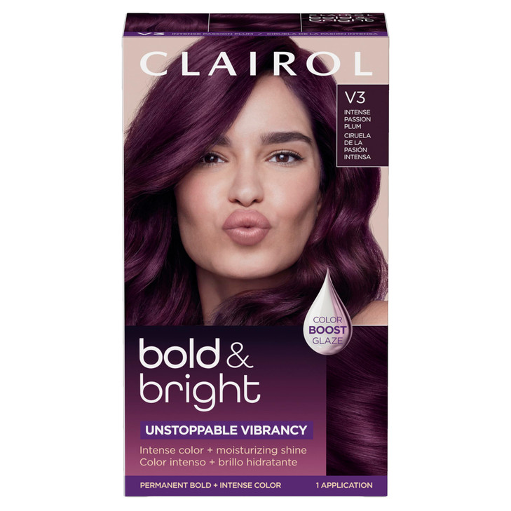 Clairol Bold & Bright Permanent Hair Dye, V3 Intense Passion Plum Hair Color | Intense Vibrancy + Moisturizing Shine | Includes Color Boost Glaze to