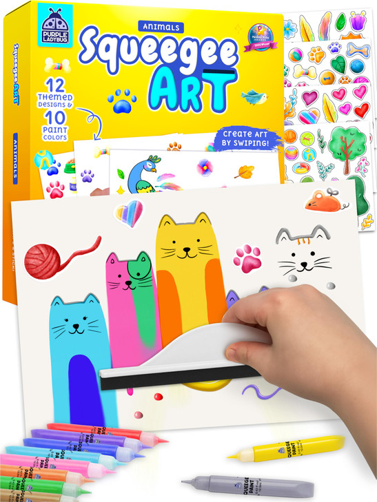 Squeegee Art Kit for Kids - Animals Theme with Kids Painting Kit & Sticker Art - Paint Your Own Arts and Crafts for Kids - Birthday Gifts for Boys &