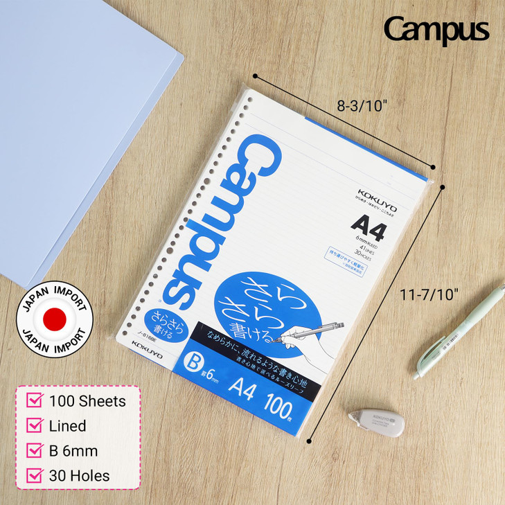 Kokuyo Campus Loose Leaf Paper, A4 Filler Paper with B 6mm Ruled, 100 Sheets 75 GSM Sarasara Smooth Writing, 30 Holes, 11-3/4"x8-1/4 Binder Notebook