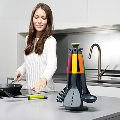 Joseph Joseph Carousel Nylon Kitchen Utensil Tool and Gadget Set with Rotating Storage Stand, 6-Piece Non Stick Tools with Ergonomic Handles, Multico