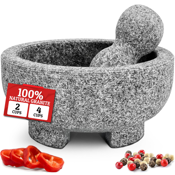 PriorityChef Granite Mortar and Pestle Set - 8 Inch Natural Stone Molcajete Mexicano for Spices, Seasonings, Pastes - Pestle and Mortar Bowl for Fres