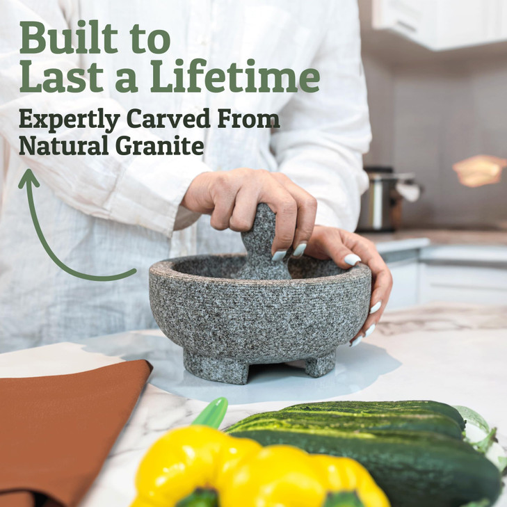 PriorityChef Granite Mortar and Pestle Set - 8 Inch Natural Stone Molcajete Mexicano for Spices, Seasonings, Pastes - Pestle and Mortar Bowl for Fres